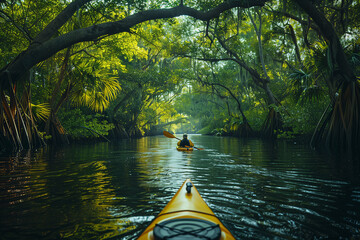 A kayaker navigates through a serene Everglades waterway surrounded by lush greenery honoring the US National Park Service Birthday in August