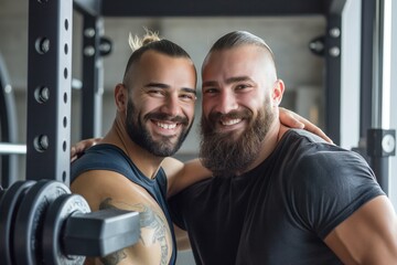 Smiling gay couple at the gym. Two muscular men sharing a happy moment after a workout. Ideal for promoting fitness, inclusivity, and relationships in advertising and editorial content