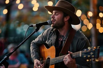Obraz premium Guitar-playing cowboy performing outdoors at night