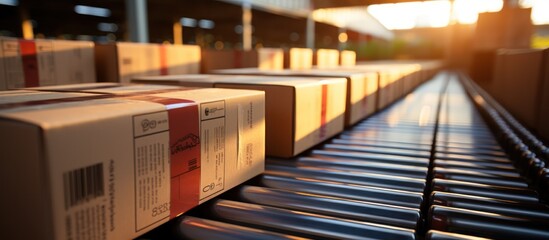 rows of carton box packages on a conveyor roller ready to be distributed
