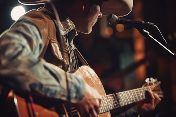 Cowboy singer playing guitar on stage with passion