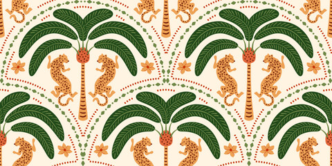 Tropical palm tree Asian leopard seamless pattern. Cute jungle damask ornament, jungle arched print, hand drawn wild animal under the coconut, Indian textile design wallpaper Vector beach illustration