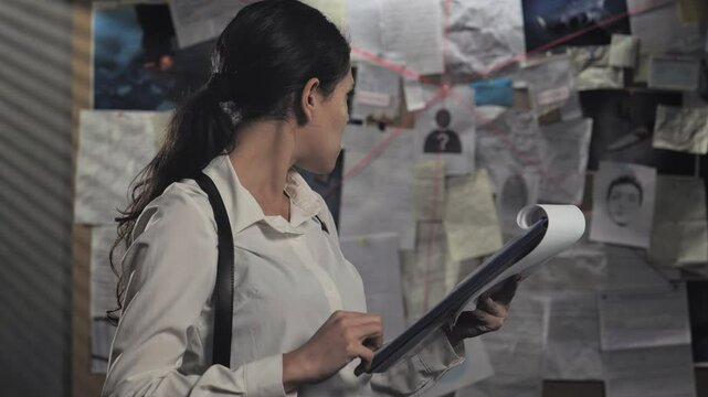 female detective standing in office looking at criminal case file report,police woman standing at the headquarter working late searching evidence browsing dossier papers,crime investigation