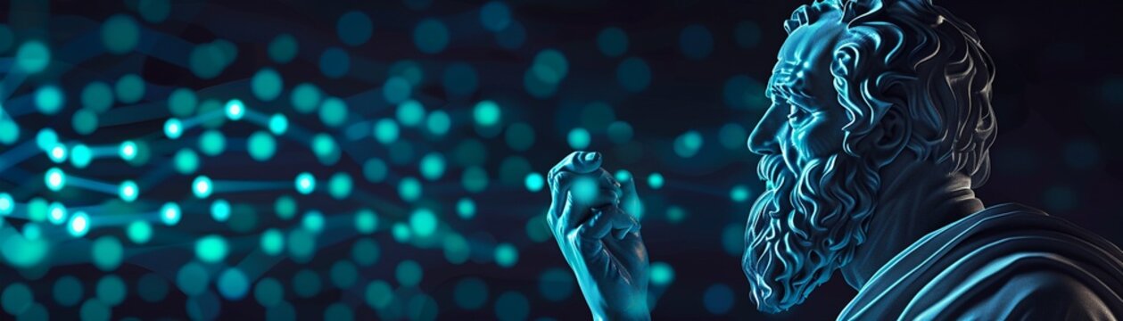 Ancient Greek philosopher interacting with digital renewable energy models, holographic displays, high detail, digital illustration, vibrant colors, historical contrast