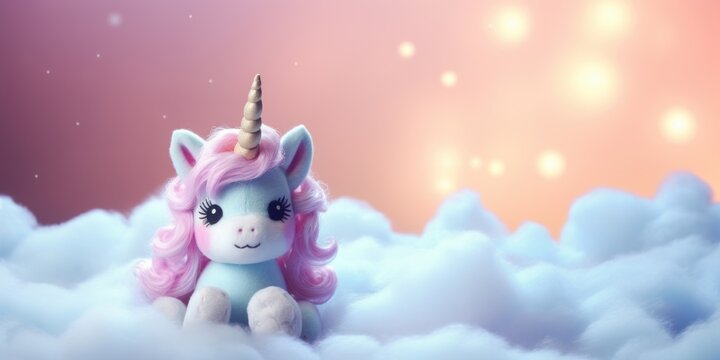A cute unicorn plush toy with pink mane and blue body, sitting on a fluffy cloud, against a dreamy pink background.