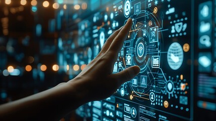 A hand touching a holographic screen with icons for business development and cost control. sharp focus and clear light , high clarity no grunge, splash, dust , noise