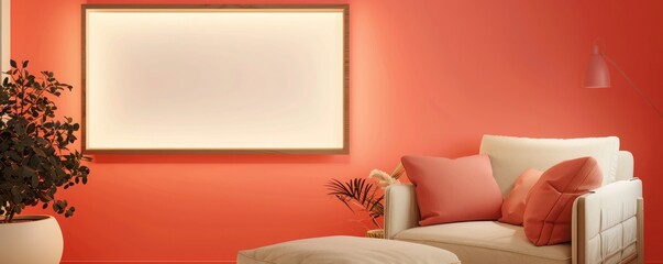 A cozy living room with a coral accent wall, a single large empty frame above a beige armchair, softly illuminated.
