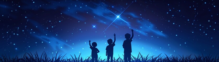 Naklejka premium Children using augmented reality to interact with a magical meteor shower, sparkling effects, high detail, digital illustration, vibrant colors, joyful scene