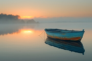 Naklejka premium Fishing boat anchored on a calm lake at sunrise