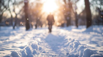A man walking through a snowy park at sunrise, creating a peaceful and picturesque winter scene.