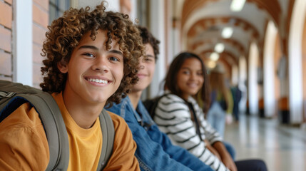 Obraz premium A group of smiling teenagers sitting in a school hallway, representing friendship, learning, and school life.