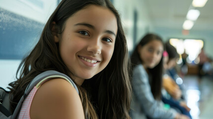 Fototapeta premium A smiling girl in a school hallway with friends, highlighting happiness, friendship, and the school experience.