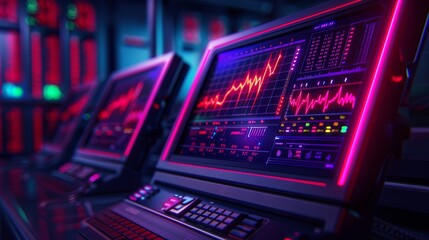 Obraz premium A weather station showing a red alert for storms, dramatic lighting, high detail, realistic style, digital screens, intense atmosphere, digital illustration, vibrant colors