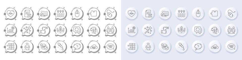 Evaporation, Electronic thermometer and Vaccine announcement line icons. White pin 3d buttons, chat bubbles icons. Pack of Difficult stress, Question mark, Quickstart guide icon. Vector