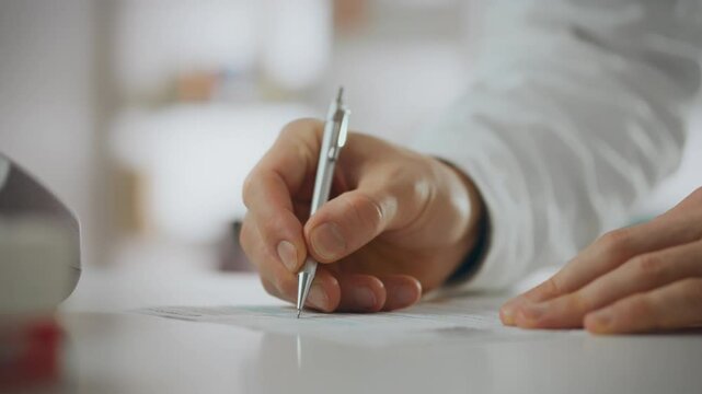 Client. A pharmacist's assistant writes with pen while signing a doctor's prescription in medicine store. A working Caucasian man writes out paper documents and follows the rules of service, symptom