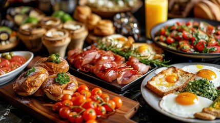Gourmet breakfast spread with croissants, fried eggs, smoked meat, fresh vegetables, and various dishes on a table