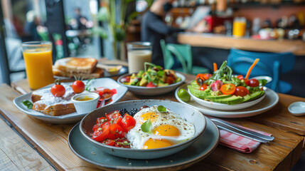 Obraz premium Breakfast spread with sunny side up eggs, toast, avocado salad, orange juice, and pastries in a cafe setting
