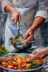 A detailed still life of a chefs hands skillfully creating a masterpiece dish