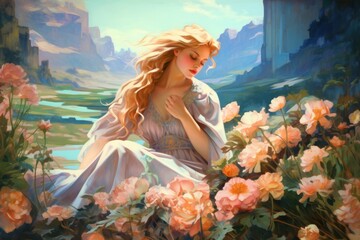 Serene stunning mountain landscape flower art painting.