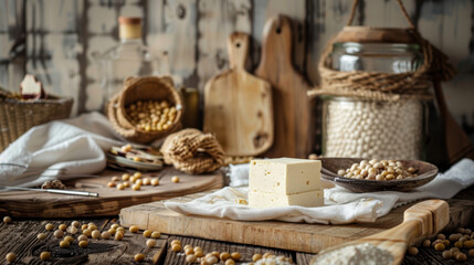 Rustic kitchen setting with tofu blocks, soybeans, and wooden utensils on a wooden table