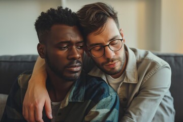 Obraz premium Intimate moment between a gay couple. An intimate and affectionate scene of a gay couple embracing on a couch, portraying love and support. Ideal for depicting LGBTQ+ relationships and emotions.