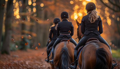 Three women riding horses in a forest with leaves falling around them