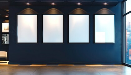 A contemporary office with a navy wall displaying empty frames in an asymmetrical pattern, illuminated by bright spotlights to create a modern, artistic atmosphere.