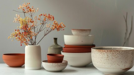 Minimalist pottery and dried flowers arrangement