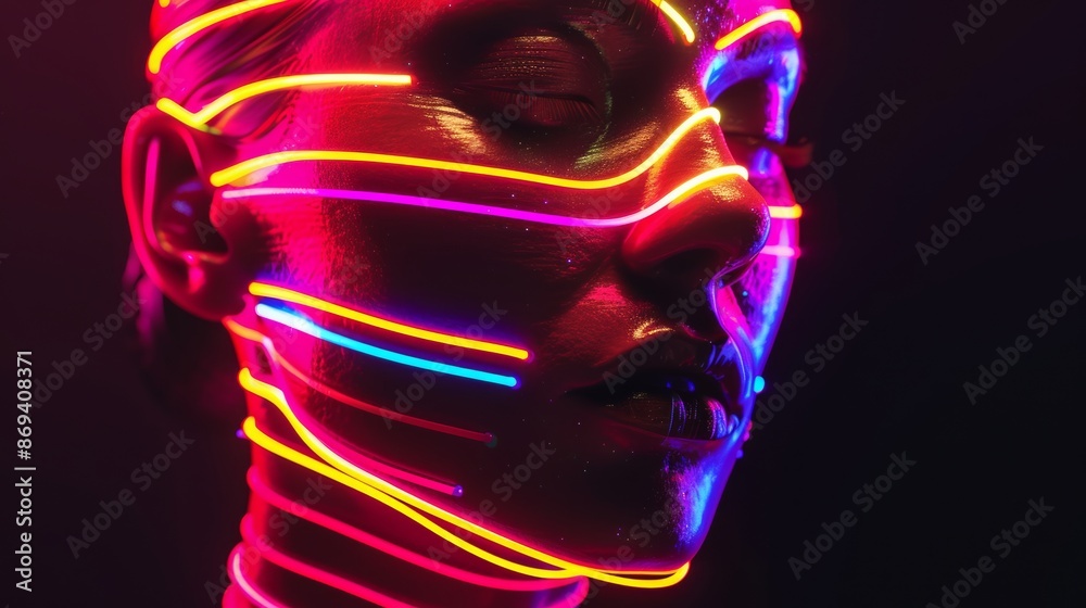 Sticker head of the diverse woman lit with colorful neon light isolated on black background. Music festival, techno, tech business, electronic music banner. with copy space