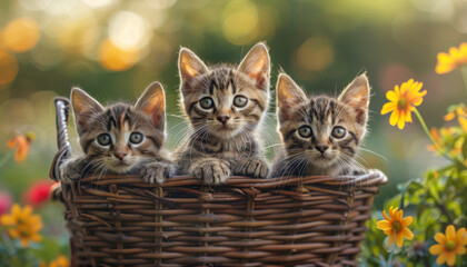 Three Kittens in a Wicker Basket with Yellow Flowers in the Background
