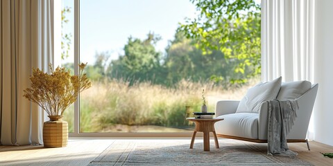 Cozy modern living room with nature view. Perfect for promoting relaxation and tranquility in interior design, lifestyle, and wellness contexts. Ideal for backgrounds in digital and print media