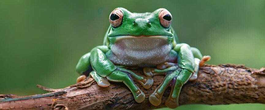 Beautiful white tree frog on branch, dumpy frog perch on green leaves, beautiful tree frog