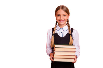 Portrait of her she nice attractive confident cheerful cheery smart clever blonde pre-teen girl holding in hands carrying book pile first grade isolated over bright vivid shine orange background