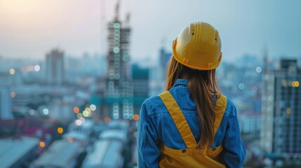 A female construction worker in a yellow hard hat and safety gear overlooks a city skyline at dusk.