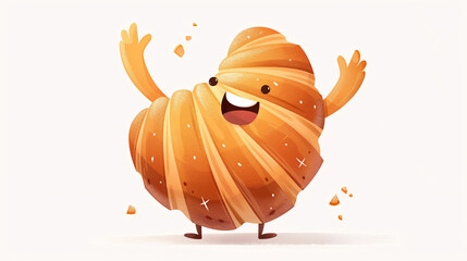 Cheerful croissant mascot waving on a white background, ideal for a bakery illustration