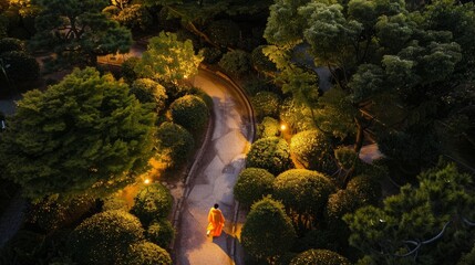 female tourist person walking in fluorescent neon lit  gardens park at night aerial view, tourism in Asia