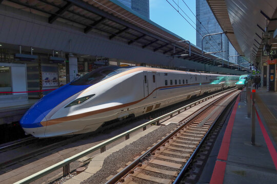 Hokuriku Shinkansen E7 high-speed shinkansen bullet train at Tokyo Station in Tokyo, Japan on June 8, 2024