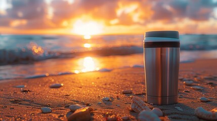 A stainless steel thermal mug standing on a sandy beach, with the sun rising over the ocean, creating a warm and serene scene.