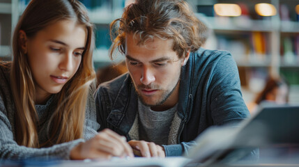 Two focused students studying together in a library, deeply engaged in their work, highlighting the collaborative learning environment.