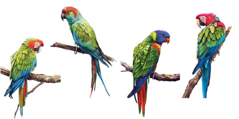 Colorful Parrots Perched on Branches Isolated on a Transparent Background 