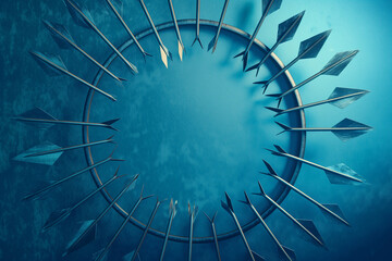 A visually striking image featuring a circle composed of many arrows pointing inward, set against a vibrant blue background
