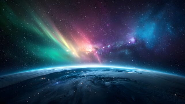 Mesmerizing view of the aurora borealis from space, displaying vibrant colors over the Earth with a starry galaxy background.