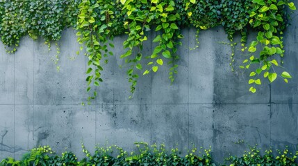 Green leaves of the plant border the empty space on a concrete background.
