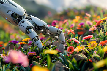 Robot hand touching flowers in a field outside.