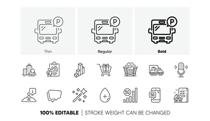 5g wifi, Speech bubble and Inspect line icons. Pack of Property agency, Oil serum, Coal trolley icon. Interview, Magic wand, Fingerprint pictogram. Shopping cart, 3d chart, Bus parking. Vector