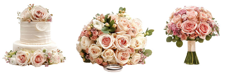 Fototapeta premium Elegant Wedding Collection with Rings, Bouquets, and Cakes cut out dicut PNG on transparent in Studio Setting