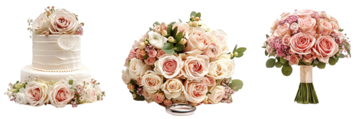 Elegant Wedding Collection with Rings, Bouquets, and Cakes cut out dicut PNG on transparent in Studio Setting