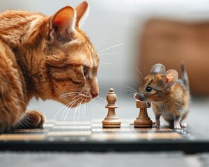 A cat and a mouse are playing a game of chess