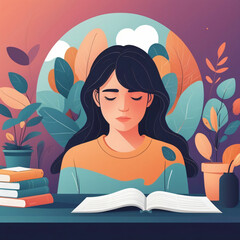 World Mental Health day, concept design with abstract female head profile, flowers 