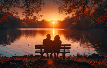 Fototapeta premium A couple is sitting on a bench by a lake, watching the sun set